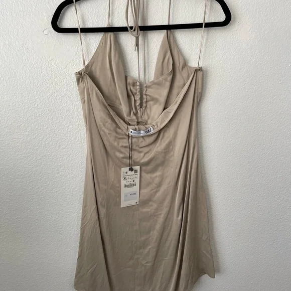 ZARA Ruched Mini Dress Soft Gold Tan | 2298/155 size XLarge Short Tie Neck - Picture 5 of 15